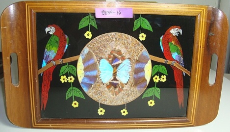 VINTAGE LARGE BUTTERFLY WING TRAY W/ PARROTS MAHOGANY